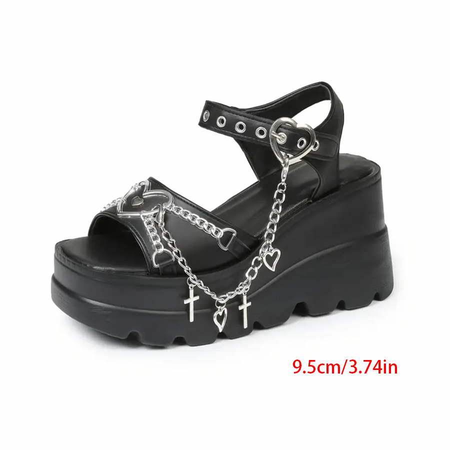 1 Pair Women's High-Heel Sandals with Thick Rubber Sole, Black Synthetic Cover Open-Toe Buckle Strap Shoes for Casual & Formal Outfits, Casual Outdoor Footwear | Edgy Chic Style | Synthetic Cover Shoes, Chunky Heel Sandals